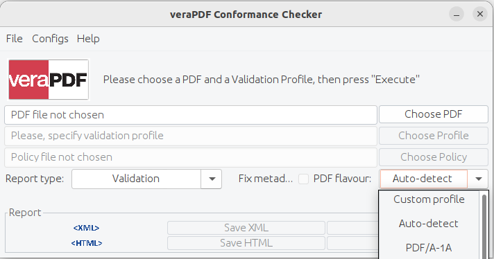 veraPDF GUI profile dropdown