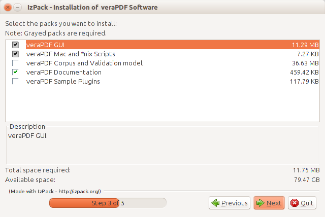 veraPDF Installer pack selection screen